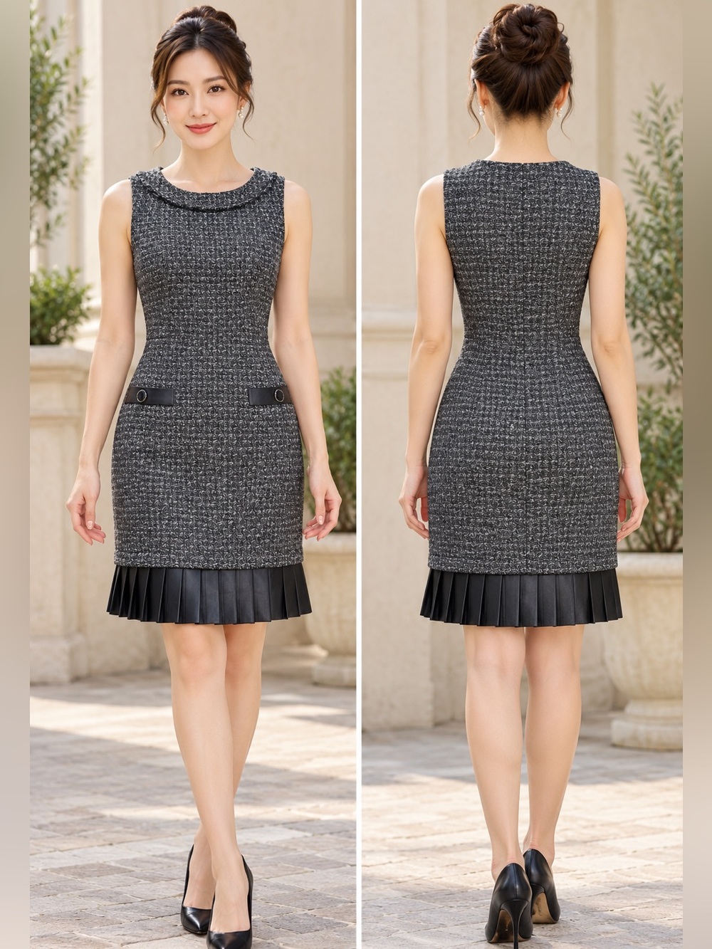 Roem Gray Tweed Wool Blend Pleated Leather Trim Sheath Dress Size Small / US 4